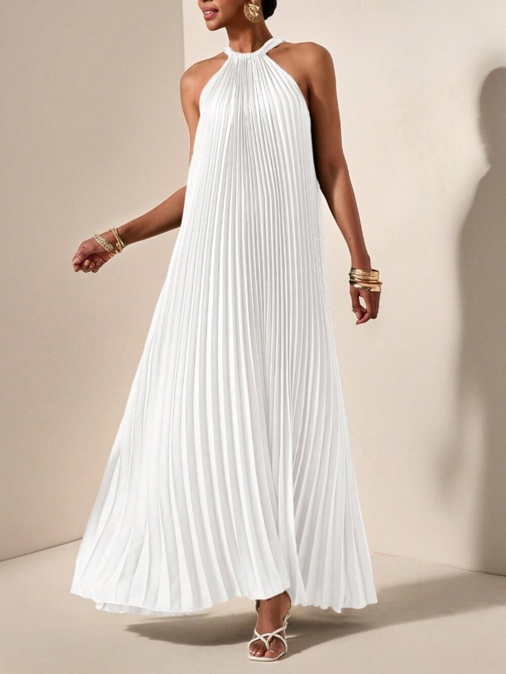 White Casual Women's Halterneck Sleeveless Pleated A-Hem Loose Maxi dress